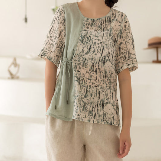 Cotton-linen Loose Shirts Tops in Green