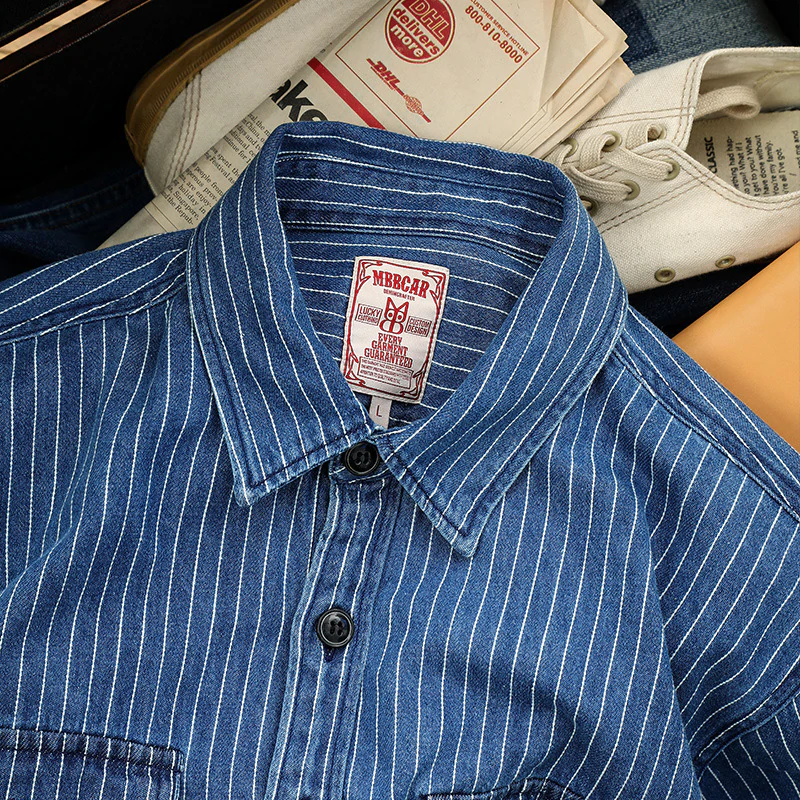 Retro Stripe Denim Shirts In Blue