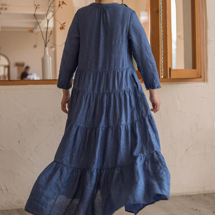 Cotton-linen Loose Dresses in Blue