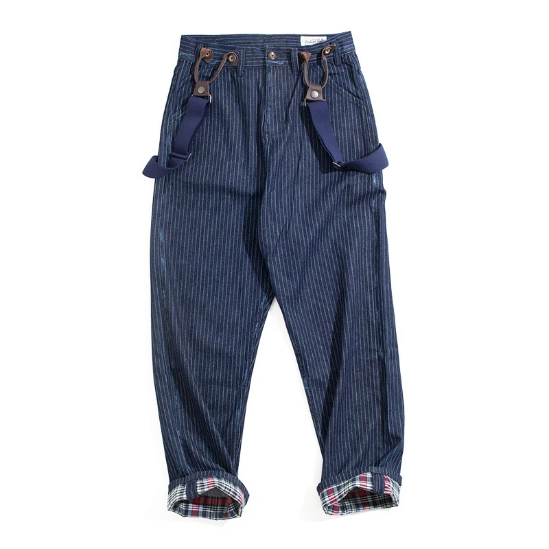 Men's Canvas Striped Naval Dungaree In Blue Scottish Plaid Salvaged Jeans