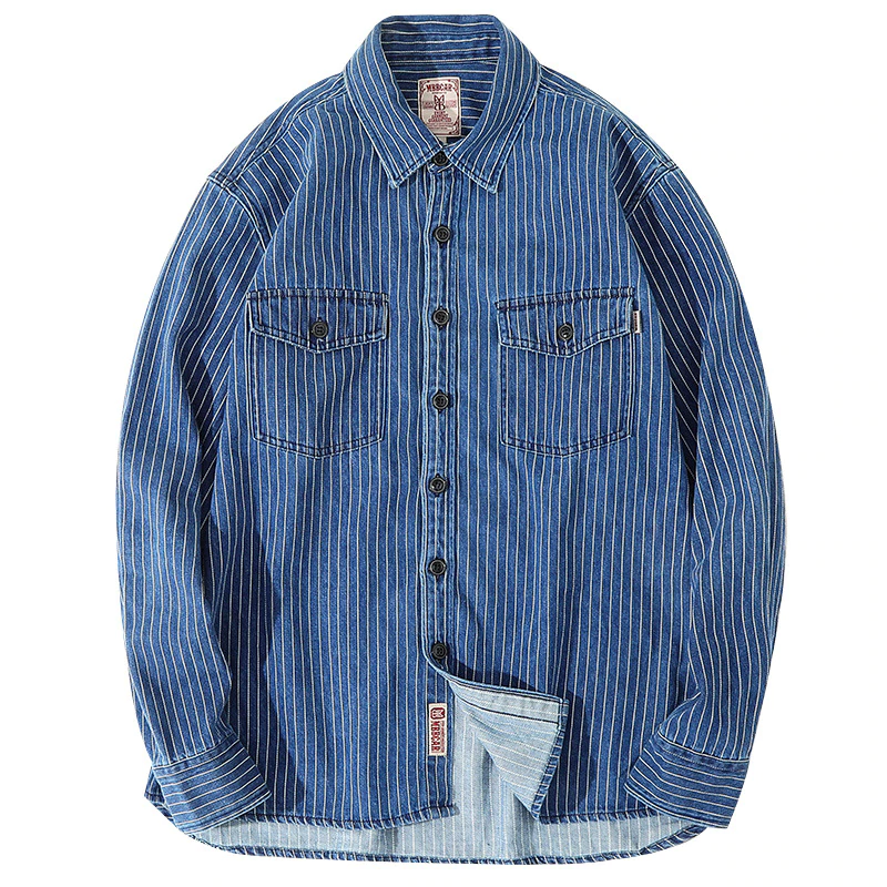 Retro Stripe Denim Shirts In Blue