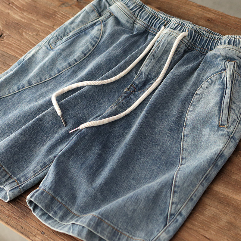 Retro Summer Elastic Waist Striped Denim Shorts