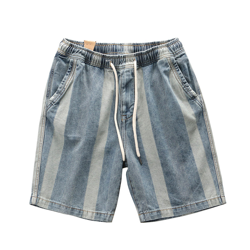 Retro Summer Elastic Waist Striped Denim Shorts